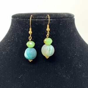 Handmade Artisan Beaded Earring Set Gold Tone Metal Blue Green Stones